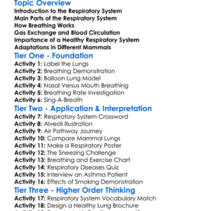 Respiratory System In Mammals Worksheet Activity Booklet