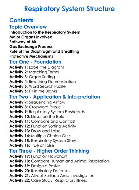 Respiratory System Structure Worksheet Activity Booklet