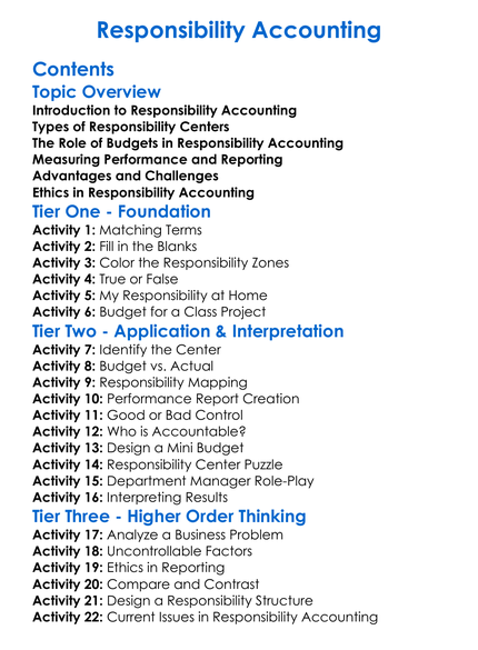 Responsibility Accounting Worksheet Activity Booklet