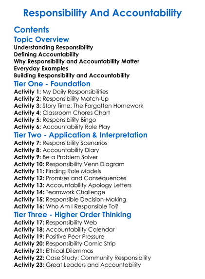 Responsibility And Accountability Worksheet Activity Booklet