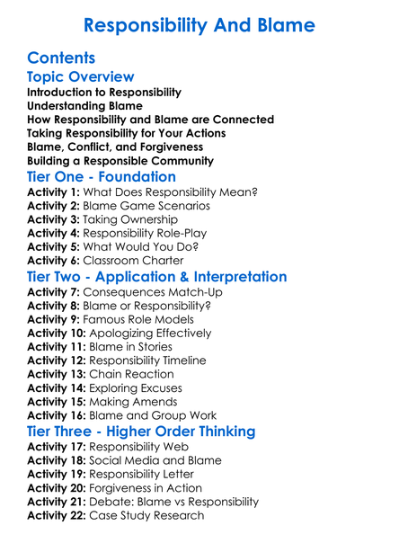 Responsibility And Blame Worksheet Activity Booklet