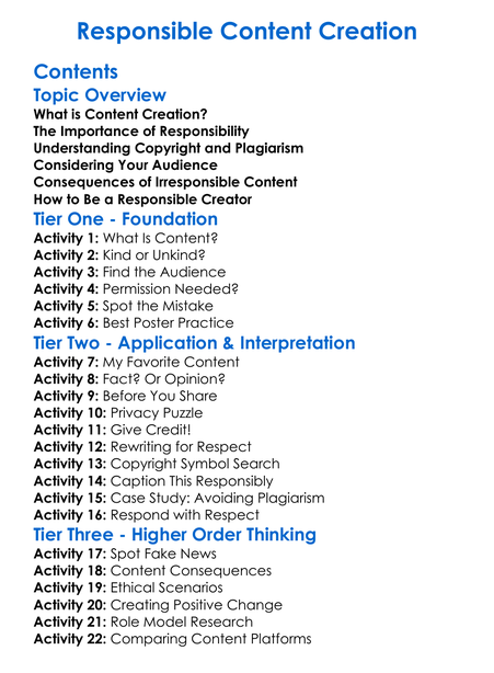 Responsible Content Creation Worksheet Activity Booklet