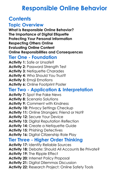 Responsible Online Behavior Worksheet Activity Booklet