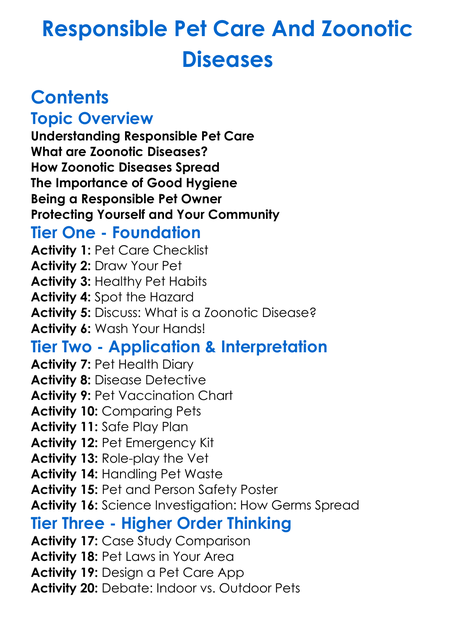 Responsible Pet Care And Zoonotic Diseases Worksheet Activity Booklet