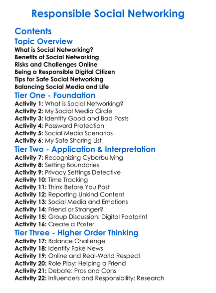Responsible Social Networking Worksheet Activity Booklet