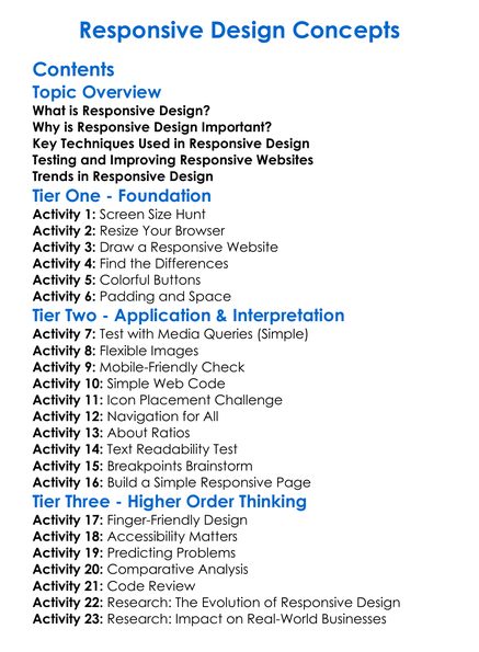Responsive Design Concepts Worksheet Activity Booklet