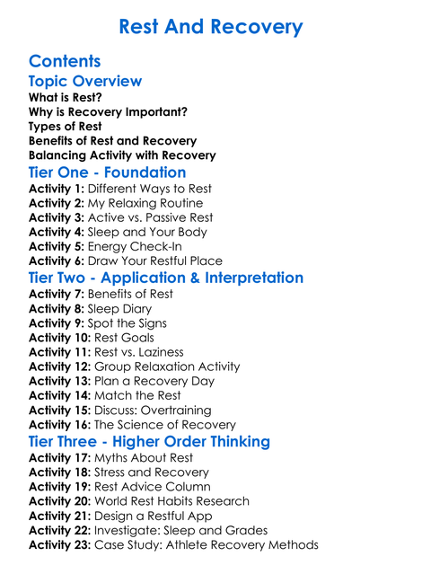 Rest And Recovery Worksheet Activity Booklet