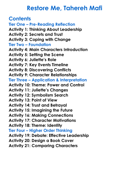 Restore Me Tahereh Mafi Worksheet Activity Booklet