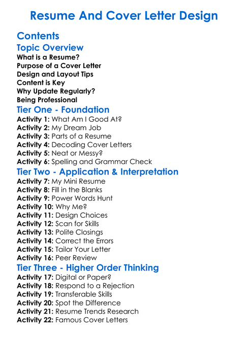 Resume And Cover Letter Design Worksheet Activity Booklet