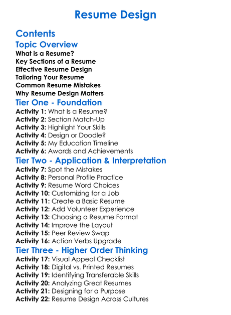 Resume Design Worksheet Activity Booklet