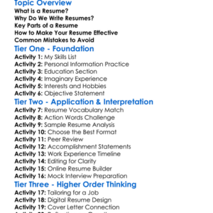 Resume Writing Worksheet Activity Booklet