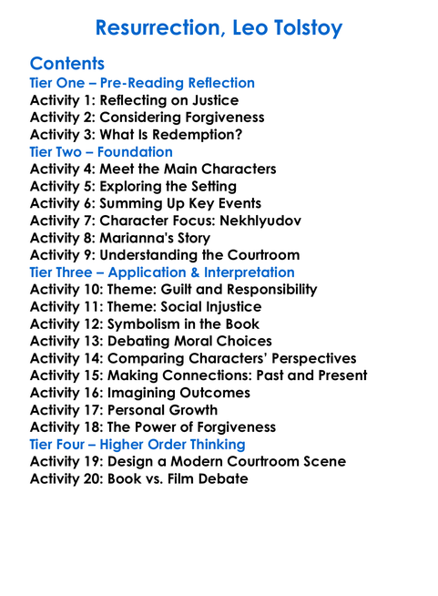 Resurrection Leo Tolstoy Worksheet Activity Booklet