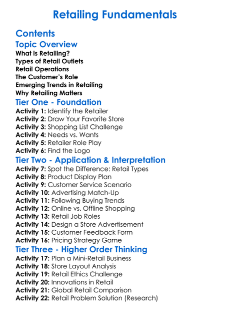 Retailing Fundamentals Worksheet Activity Booklet