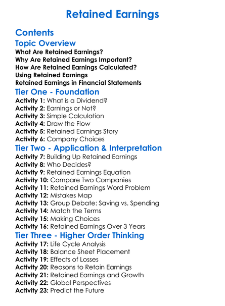 Retained Earnings Worksheet Activity Booklet