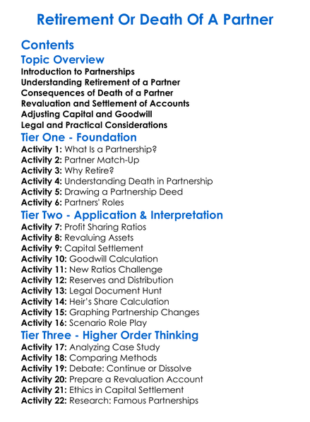 Retirement Or Death Of A Partner Worksheet Activity Booklet