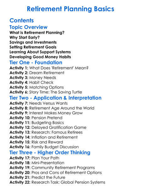 Retirement Planning Basics Worksheet Activity Booklet