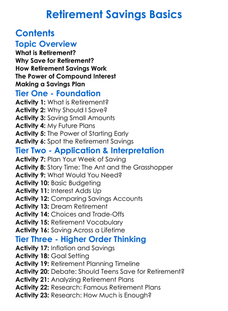 Retirement Savings Basics Worksheet Activity Booklet
