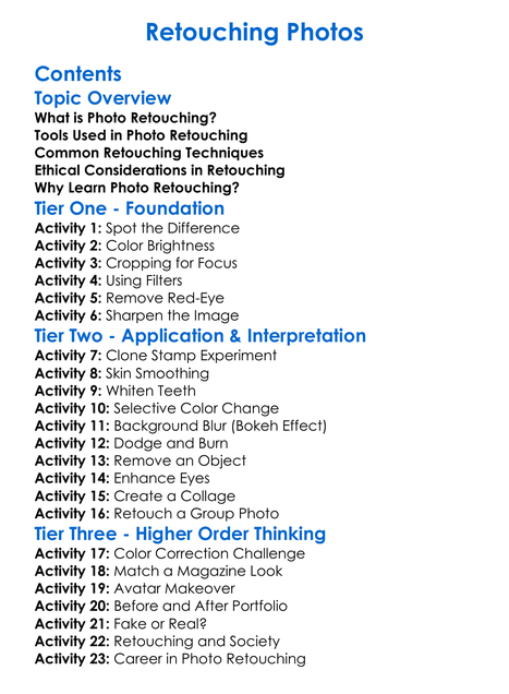 Retouching Photos Worksheet Activity Booklet