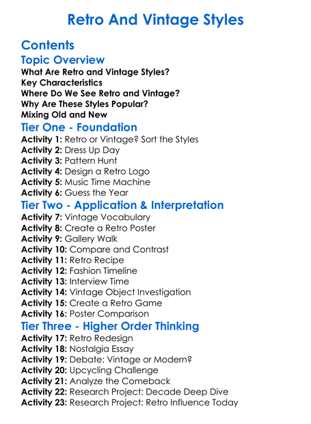 Retro And Vintage Styles Worksheet Activity Booklet