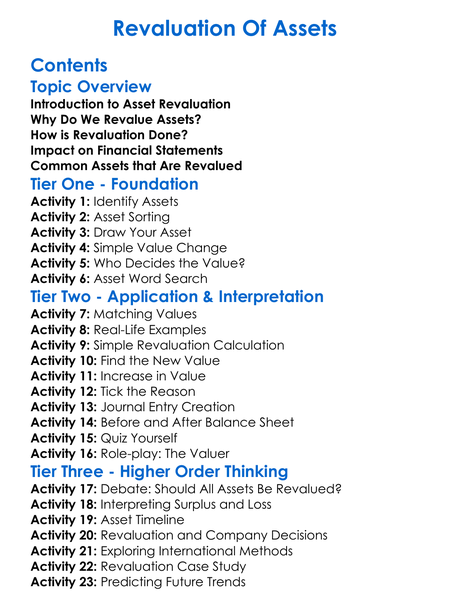 Revaluation Of Assets Worksheet Activity Booklet