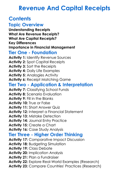 Revenue And Capital Receipts Worksheet Activity Booklet