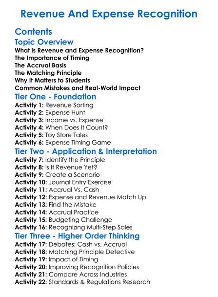 Revenue And Expense Recognition Worksheet Activity Booklet