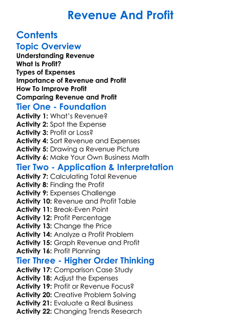 Revenue And Profit Worksheet Activity Booklet