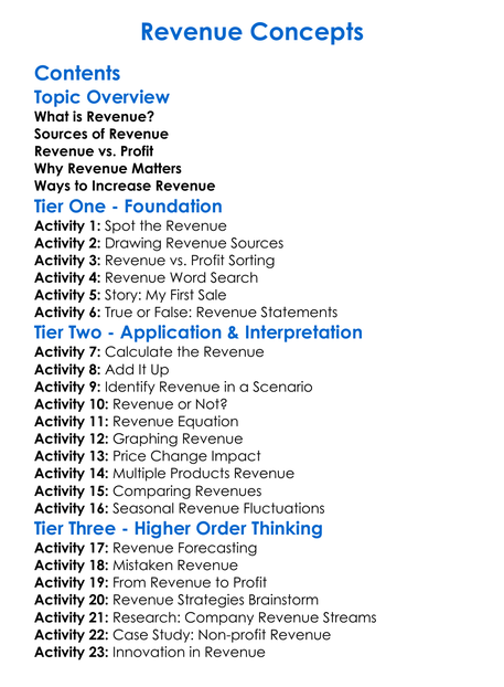 Revenue Concepts Worksheet Activity Booklet