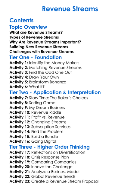 Revenue Streams Worksheet Activity Booklet
