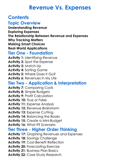 Revenue Vs Expenses Worksheet Activity Booklet