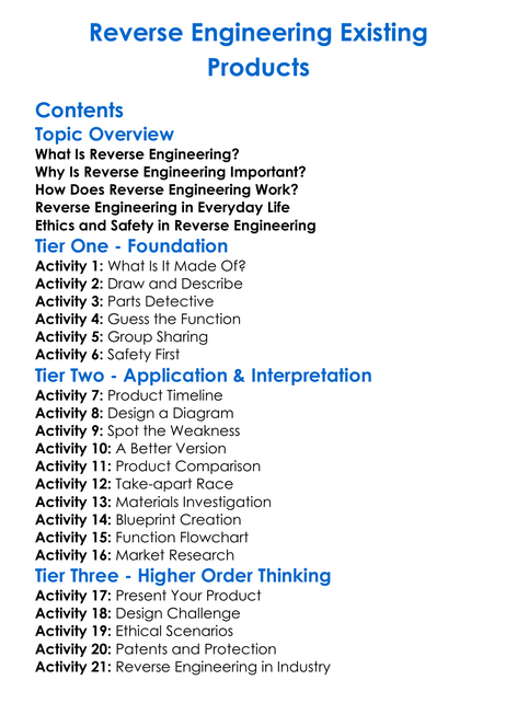 Reverse Engineering Existing Products Worksheet Activity Booklet
