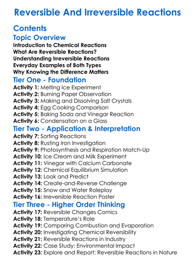 Reversible And Irreversible Reactions Worksheet Activity Booklet