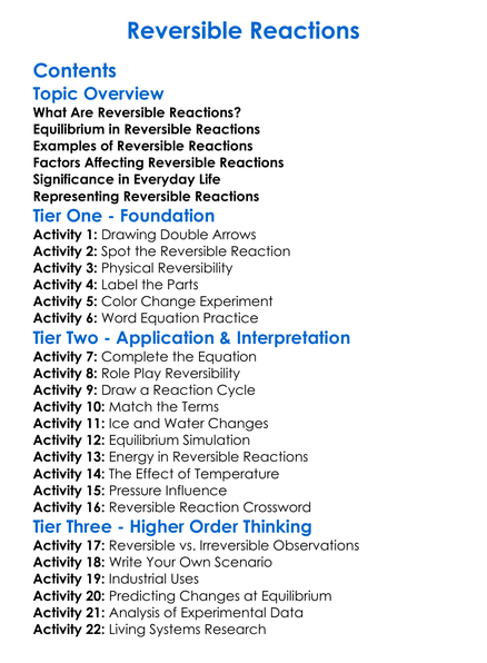 Reversible Reactions Worksheet Activity Booklet