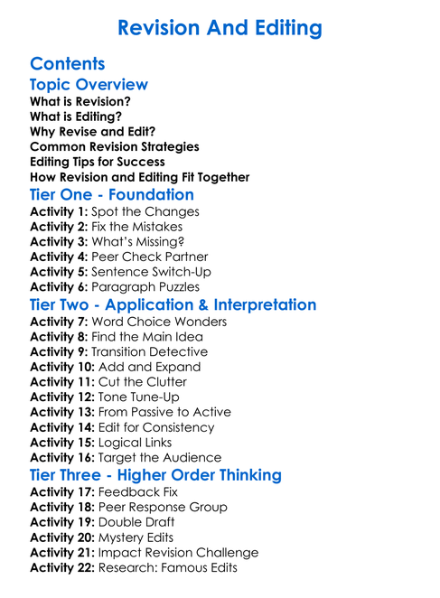 Revision And Editing Worksheet Activity Booklet