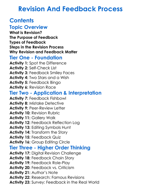 Revision And Feedback Process Worksheet Activity Booklet