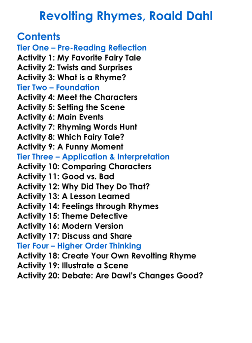 Revolting Rhymes Roald Dahl Worksheet Activity Booklet