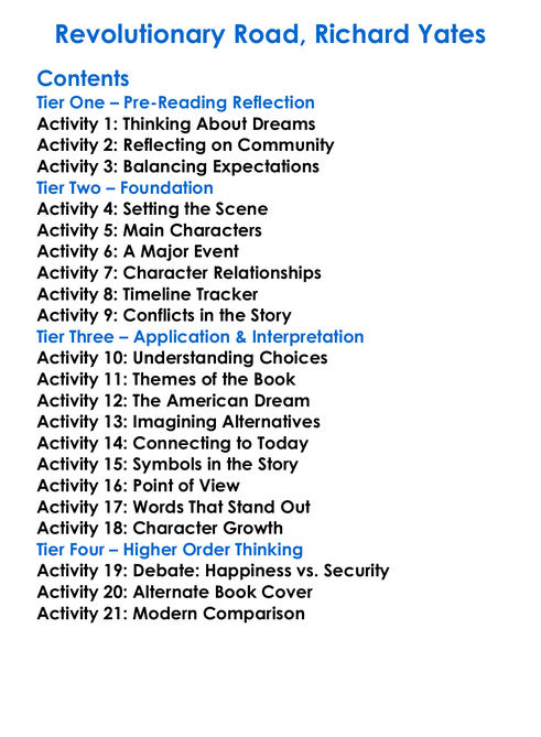 Revolutionary Road Richard Yates Worksheet Activity Booklet