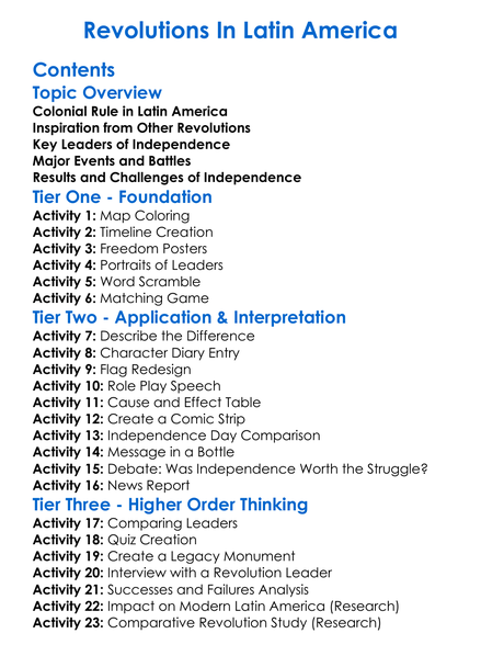 Revolutions In Latin America Worksheet Activity Booklet