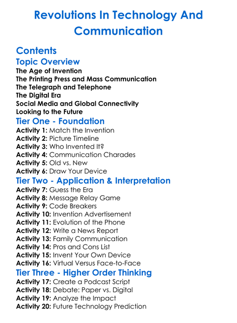 Revolutions In Technology And Communication Worksheet Activity Booklet