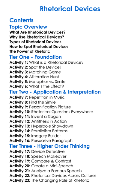 Rhetorical Devices Worksheet Activity Booklet