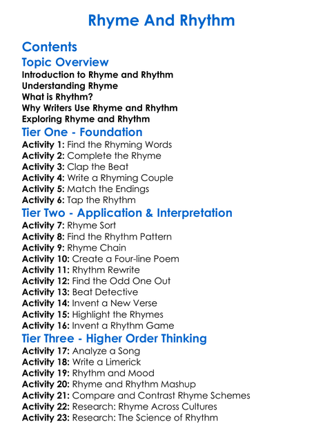 Rhyme And Rhythm Worksheet Activity Booklet