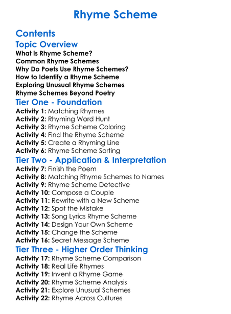 Rhyme Scheme Worksheet Activity Booklet
