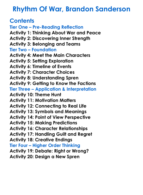 Rhythm Of War Brandon Sanderson Worksheet Activity Booklet