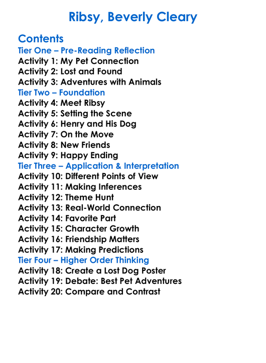 Ribsy Beverly Cleary Worksheet Activity Booklet