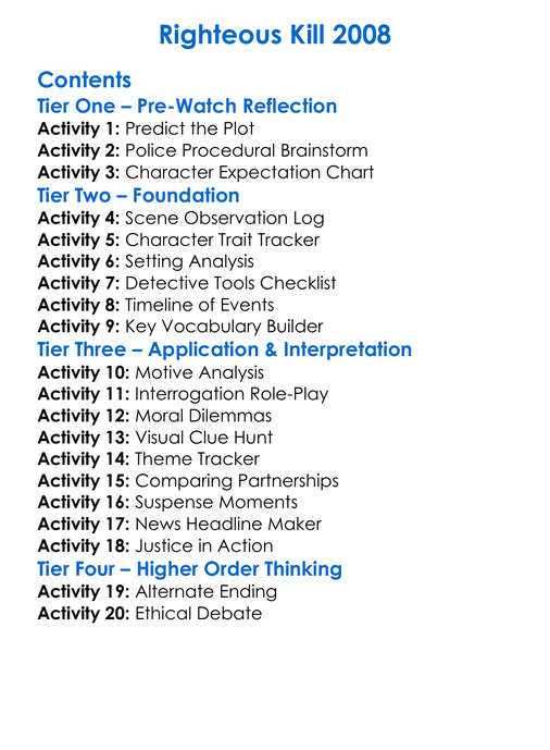 Righteous Kill 2008 Worksheet Activity Booklet