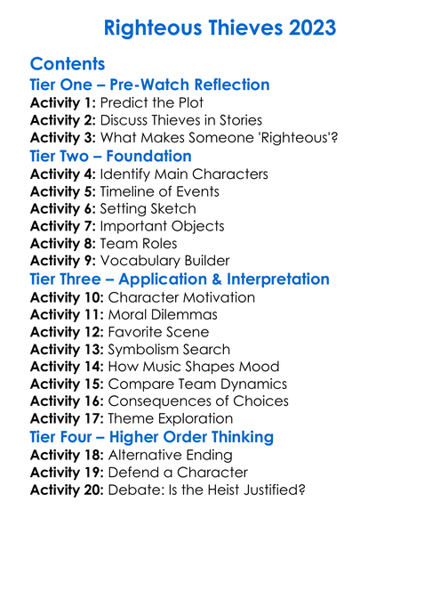 Righteous Thieves 2023 Worksheet Activity Booklet
