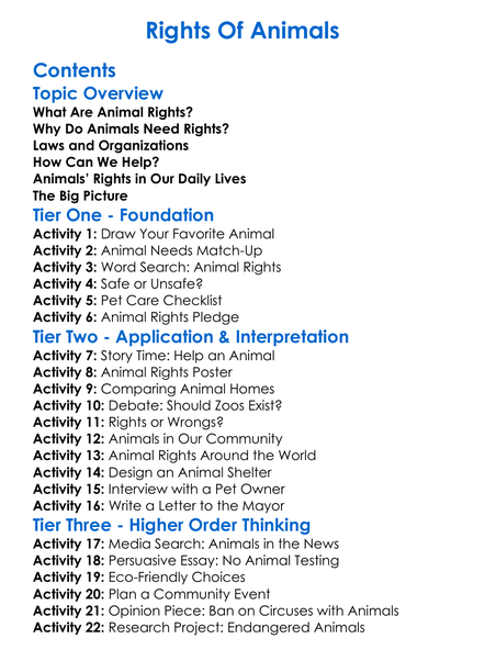 Rights Of Animals Worksheet Activity Booklet
