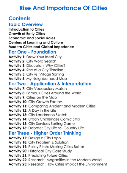 Rise And Importance Of Cities Worksheet Activity Booklet