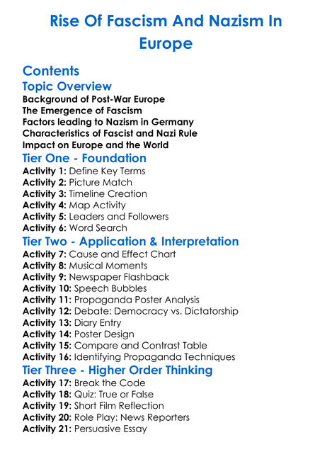 Rise Of Fascism And Nazism In Europe Worksheet Activity Booklet
