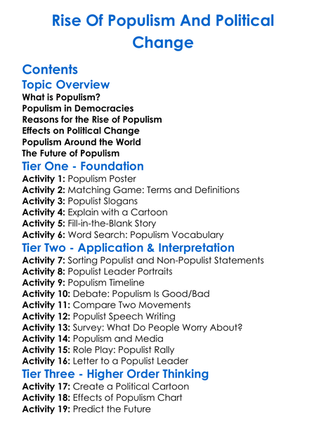 Rise Of Populism And Political Change Worksheet Activity Booklet